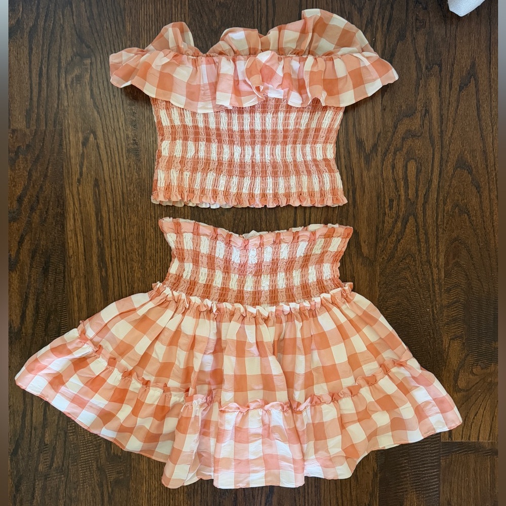 Peachy Pink Gingham Boutique 2 Piece Crop Skirt Set!